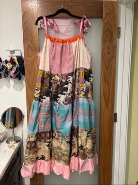 Handmade Patchwork Maxi Sundress with Pink Tie Straps